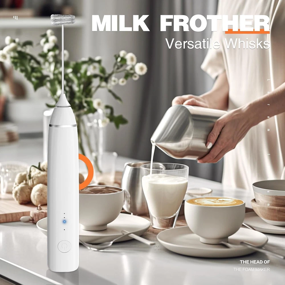 Milk Frother Rechargeable Handheld Electric Whisk Coffee Frother Mixer with 2 St