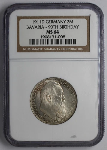 1911 D Germany Silver 2 Mark Bavaria 90th Birthday NGC MS 64
