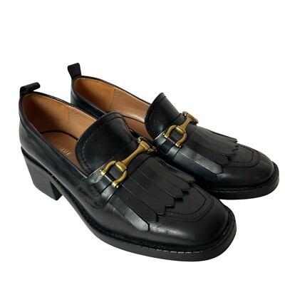 UTERQUE Black Leather horse bit Heeled Loafers shoes size US EU 38