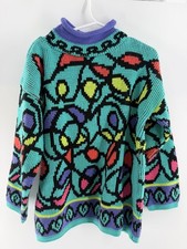 Vintage 80s Geometric Kids Knit Chunky Sweater Retro Funky Streetwear 6x Unisex
