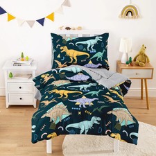Dinosaur Toddler Bedding Set 4 Piece T-Rex Comforter Sheets Pillowcase Green