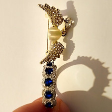 Blue Crystal 5 Stone Prong Set Band Ring Size P, And Winged Heart Brooch (Both)