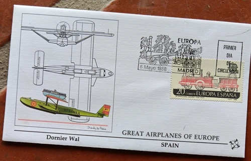 SPAIN DORNIER WAL GREAT AIRPLANES OF EUROPE 1988 FLEETWOOD CACHET FDC UNADD
