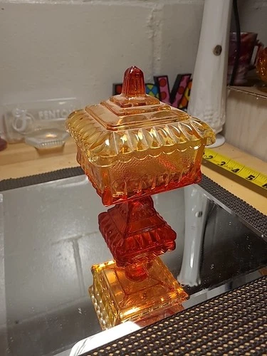 Vintage Amberina Jeanette Glass Wedding Box/Candy Covered With Square Pedestal