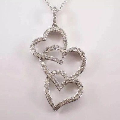 2Ct Real Moissanite Triple Heart Pendant Necklaces 14K White Gold Plated Silver