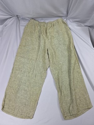 FLAX Linen Pants Large Green Burlap Cropped Wide Leg Elastic Waist Lagenlook