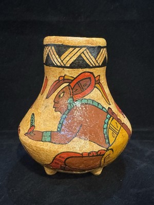 vintage painted Red clay vase folk art Aztec Mayan style pottery