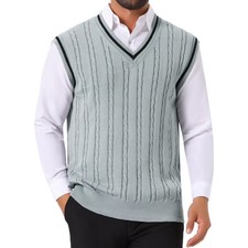 INSPIRE CHIC Men's V-Neck Sleeveless Solid Color Cable Knitted Sweater