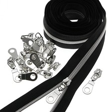 5 Metallic Nylon Coil Zippers by The Yard,Black Tape Bulk 10 Yards with Silv...