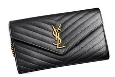 Saint Laurent Black Chevron Envelope Wallet with Logo and Chain Accent