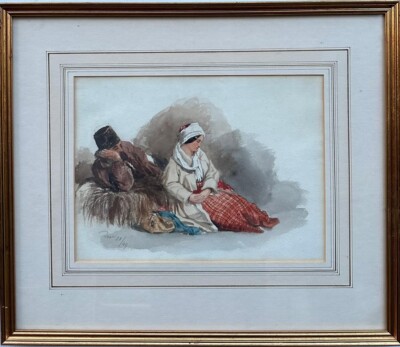 Antikes Gemälde: Studie eines ruhenden Paares, Bleistift & Aquarell