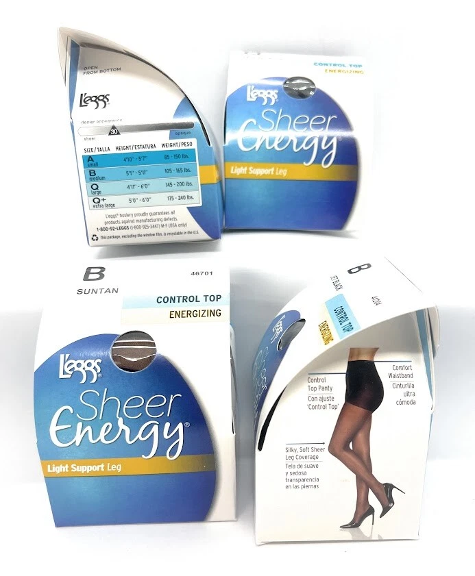 L'eggs Sheer Energy Light Support Leg Control Top, Sheer Toe Pantyhose,  Size B, Medium