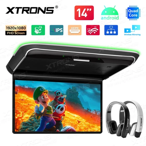 14" Android FHD Car TV Roof Monitor Ceiling 1080P Video HDMI +2Pcs Headphones
