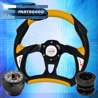 For 88-91 Prelude Battle Black Yellow Steering Wheel + Hub + Extender + Type-R