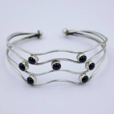 Vintage schwarzer Onyx Statement Manschette Armband in Sterlingsilber verstel...