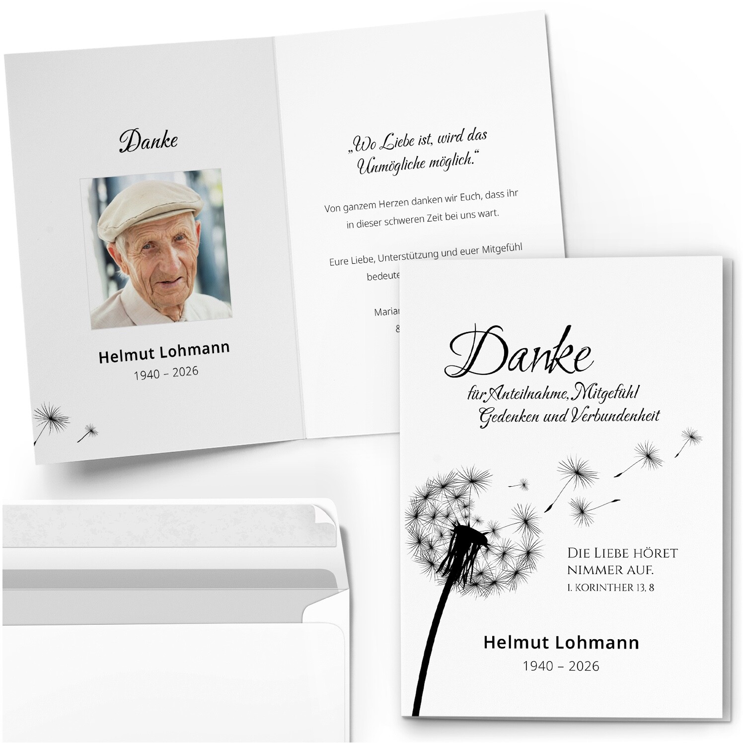 10 Trauer Danksagungskarten Pusteblume Abschied personalisiert mit Umschlag