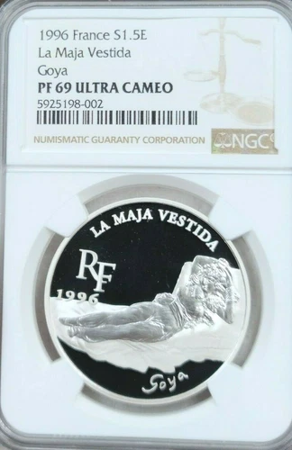 1996 FRANCE SILVER 1.5 EURO LA MAJA VESTIDA GOYA NGC PF 69 ULTRA CAMEO BEAUTIFUL