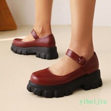 2025 Spring Women's Platform Chunky Heel Mary Jane Leather Shoes Pumps Girl Lady