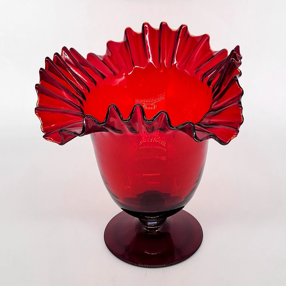 Vintage Blenko Ruby Red Ruffle Top Vase 8'' 388 1930's-40's - Image 2 of 4