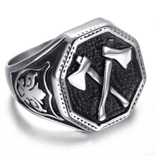 Men's Biker Ring Axe Cross Symbol Signet Stainless Steel Motorcycle Cool Ring