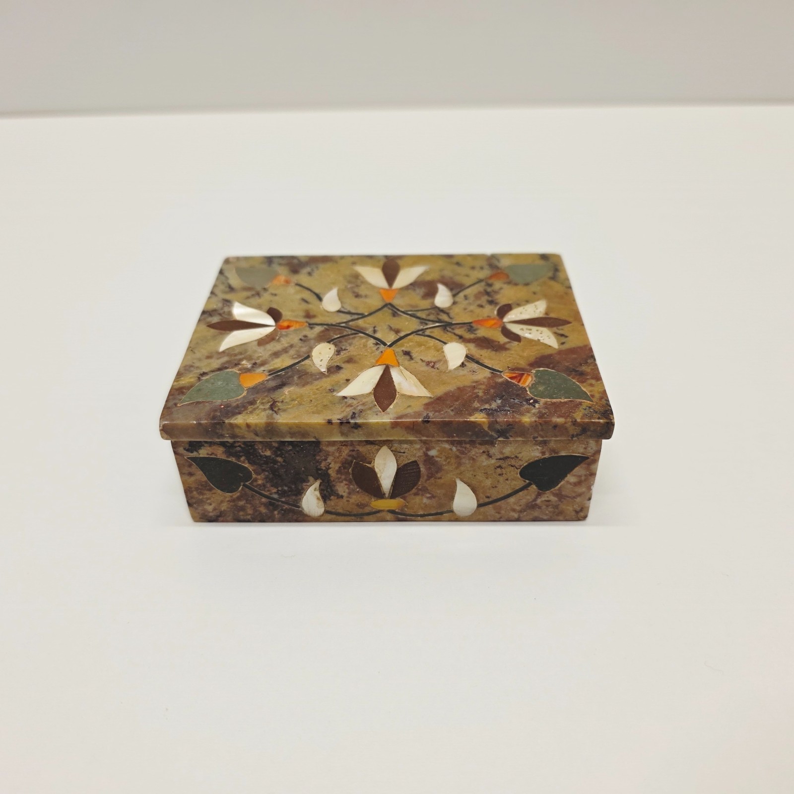 Vintage Handmade Soapstone Trinket Box  Floral Mother of Pearl Inlay