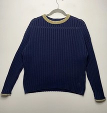 Per Una Knit Jumper UK 14 Dark Navy Gold Metallic Trim Knitted Striped Open Knit