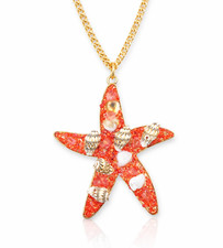 Sea Glass Seashell Adorned Coral Red Starfish Pendant Necklace D9
