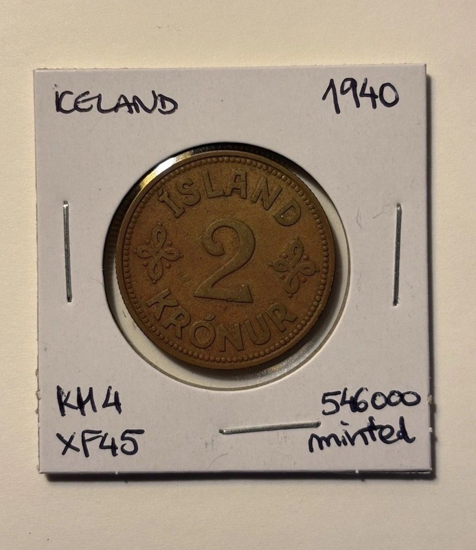 1940 Iceland 2 Krónur – WWII Era – Extremely Fine 