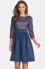 Eliza J Dot Mesh Bodice Fit & Flare Dress Sz 16 Navy