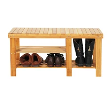 Natural Bamboo Shoe Bench 2-Tier Shoe Rack Organizer Entryway Storage Shelf