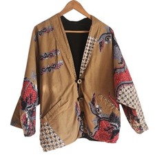 Stylish Tan Jacket with Artistic Patterns Chinoiserie Asian Inspired Sz L