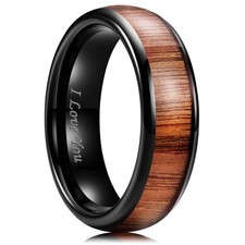 Nature 6mm Black Domed Koa Wood Stainless Steel Ring Wedding Band High Polish...