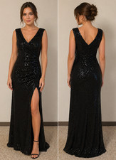 Black Sequin Evening Gown Size 6 Formal Dress V-Neck Sleeveless High Slit Prom
