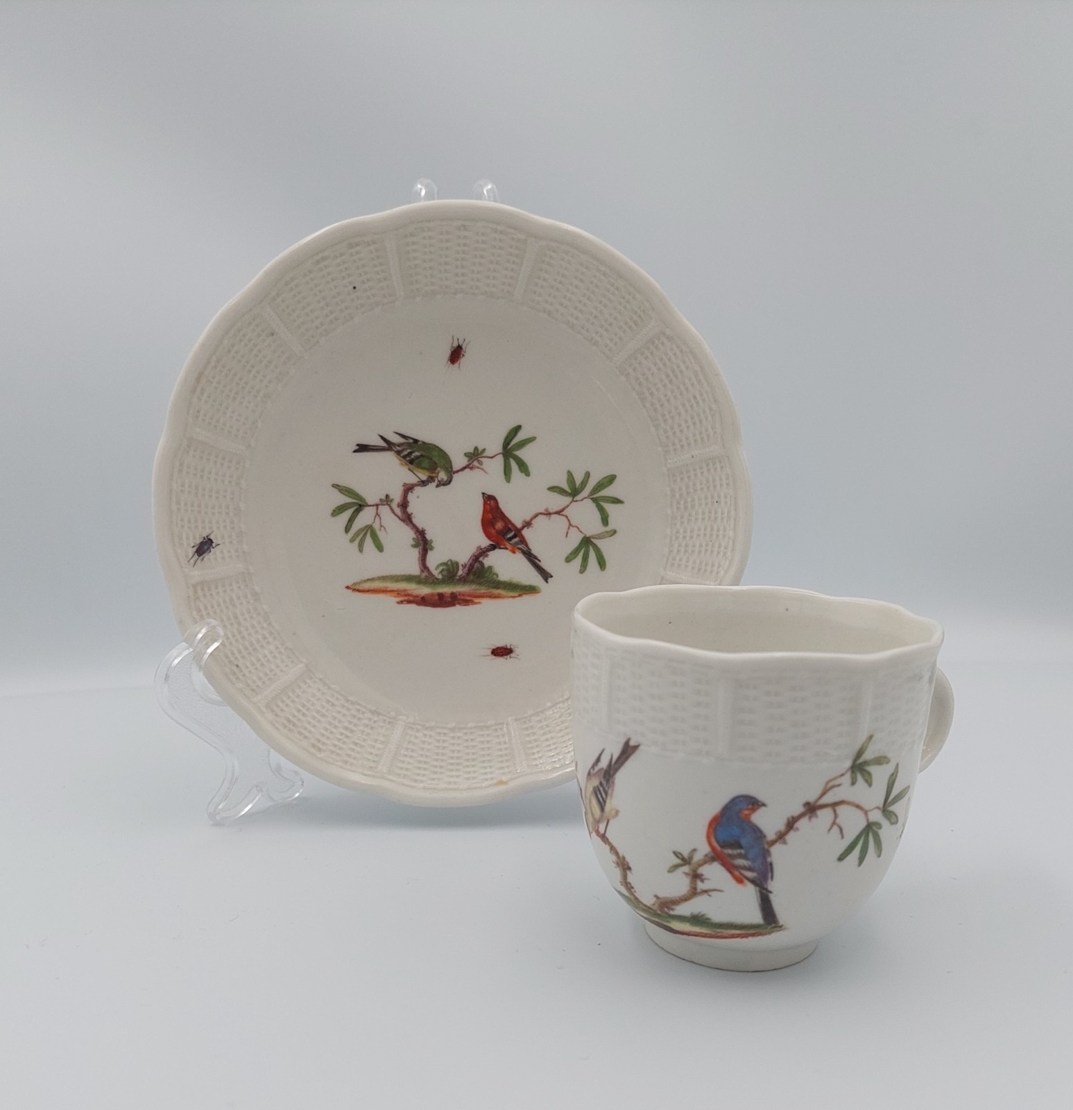 Antique 18 Century Ludwigsburg Birds Insects Tea Cup & Saucer Porcelain STUNNING