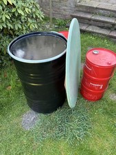 1 Large, 2 Small Empty Engine Oil Drums and round wood table top for diy project