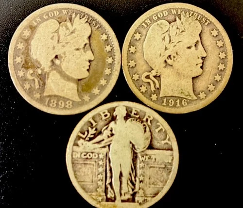 Lot of 3 Quarters, Barber 1898,&1916D,Standing Liberty no Date