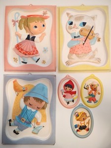 Vintage Nursery Rhyme Wall Plaques, 3D vacuform molded plastic, 1950s - SET OF 6
