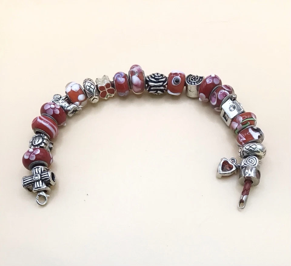 Charms Armband Rottöne versilbert / Murano Glas 22 Beads Vintage Unikat 🎀 - Bild 2 von 4