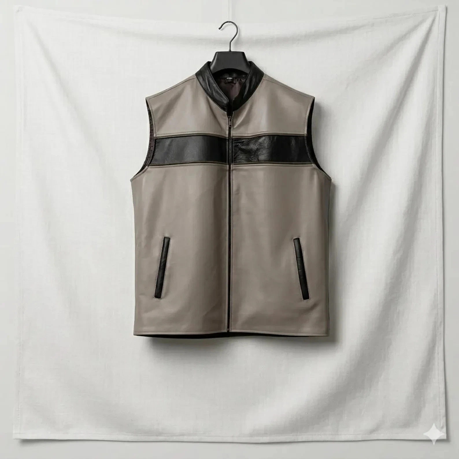 Men's Handmade Zip-Pocket Biker Vest – Stand Collar Motorcycle Style Waistcoat