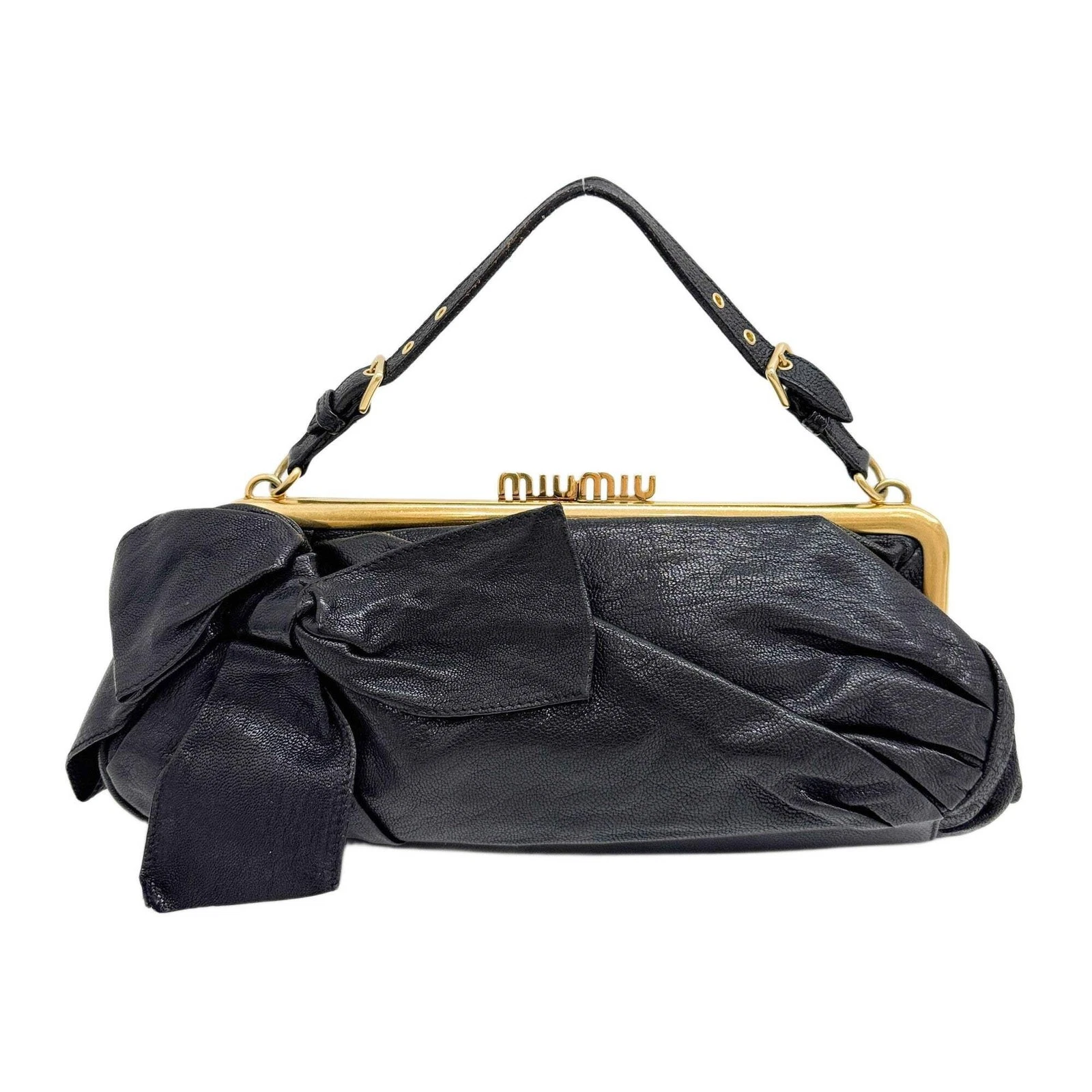 Miu Miu — MIU MIU Bow Black Leather Gold Frame Handle Bag