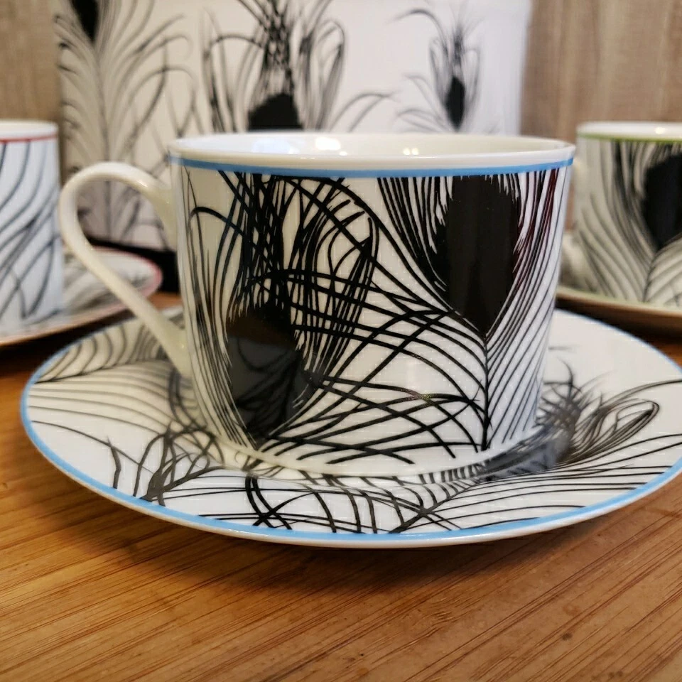 Plumas de pavo real de ROSANNA Juego de tazas/platillos de té blanco negro Juego de 4 cajas Art Deco Foto 2 de 4