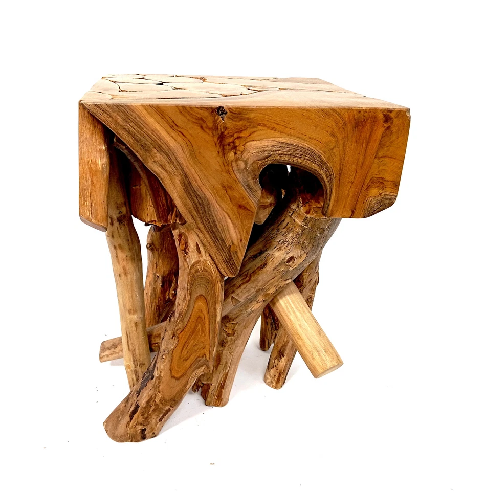 Table D'Appoint En Teck En Bois De Racine Tabouret En Teck Massif Tronc D'Arbre - Photo 2/4