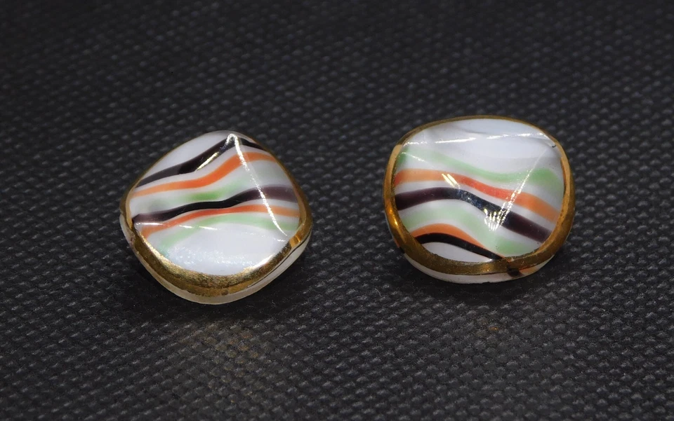 Set of 2 Glass Vintage Buttons Square Stripe Gold Green Orange Black White Shank - Image 2 of 4