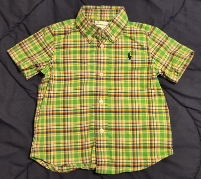 Ralph Lauren Toddler Boy 12M Shirt Green Plaid Natural Stretch Button Up