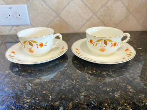 2 Vintage Hall Autumn Leaf Jewel Tea Ruffled D flat cups & saucers