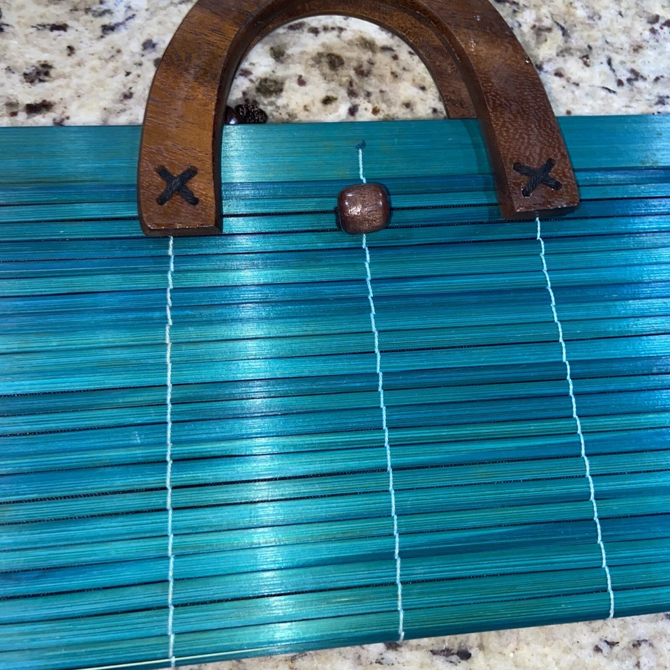 "Precioso sobre de bambú bolso sin asas verde azulado oscuro asas de madera forrado de lino 12""x6""" Foto 3 de 4