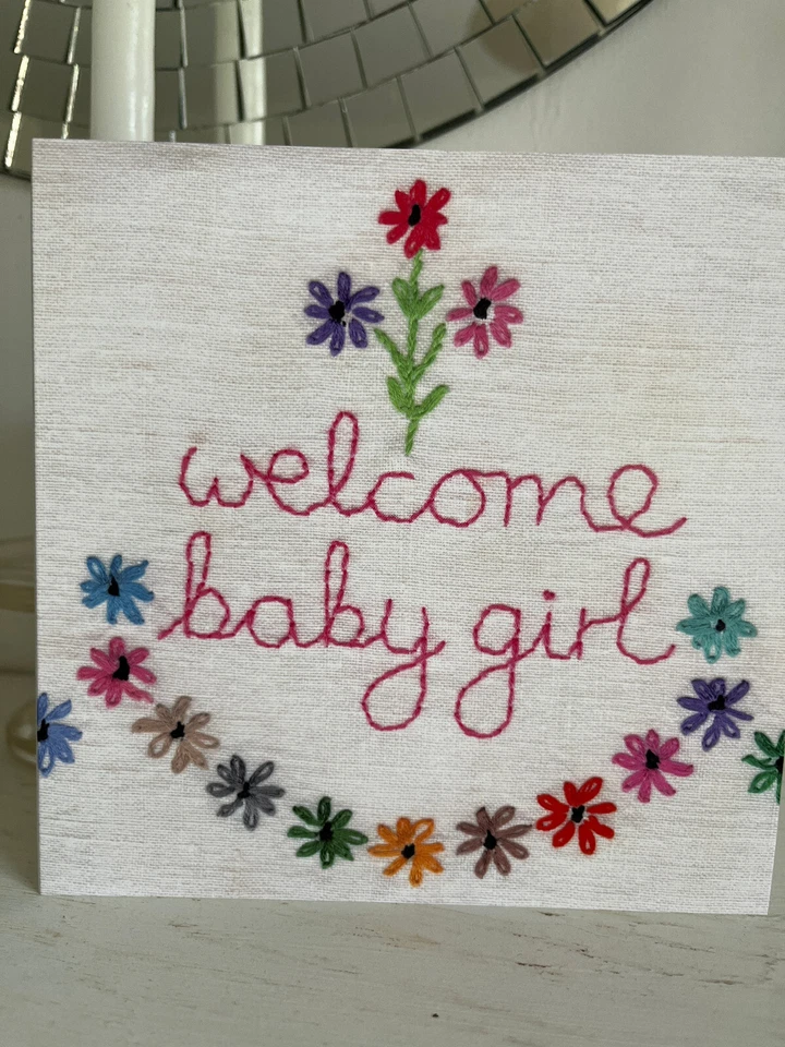 WELCOME BABY GIRL CARD; VINTAGE STYLE; MULTI/CREAM EMBROIDERY; VINTAGE;DAISIES - Image 3 of 4