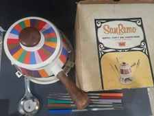 Vintage Imperial San Remo Rainbow Striped Enamel Party Fondue Set 2 Quart w/box