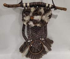 Vintage Macrame Owl Wall Hanging Towel Holder MCM Boho Brown  Cream 22" long