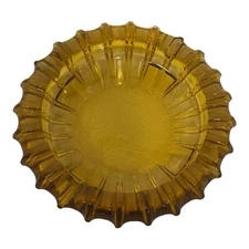 Amber Glass Sunburst Ashtray 7.7" D Heavy Glass Mid-Century Vintage